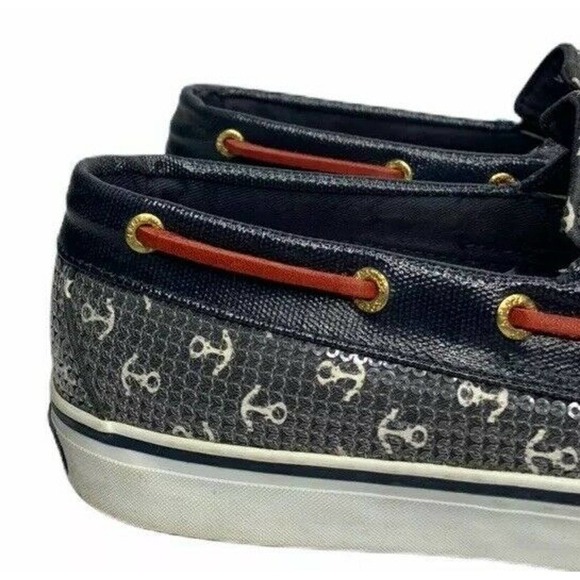 Womens Sperry Top-Sider Boat Shoes Nautical Red White Blue Anchors Sequins Sz 9 - Picture 2 of 10